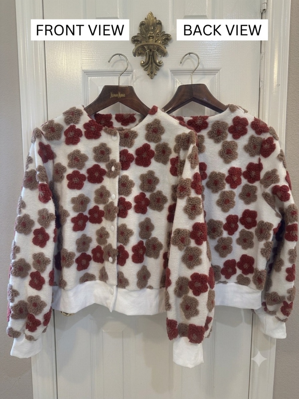 Floral Sherpa Button Bomber Jacket White Burgundy Brown Heavy Fleece Size XXL